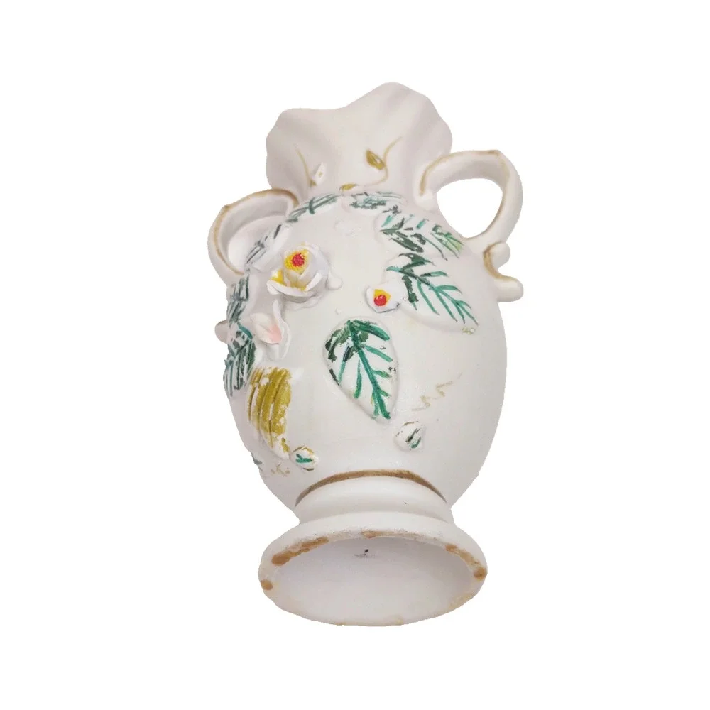 Vintage Bisque Porcelain Handled Raised Flower Vase 7
